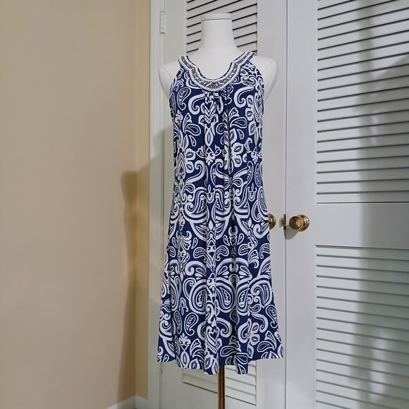 Apt 9 Small Halter Style Beaded Rounded-v-Neck Royal Blue White paisley A-line - Picture 5 of 15